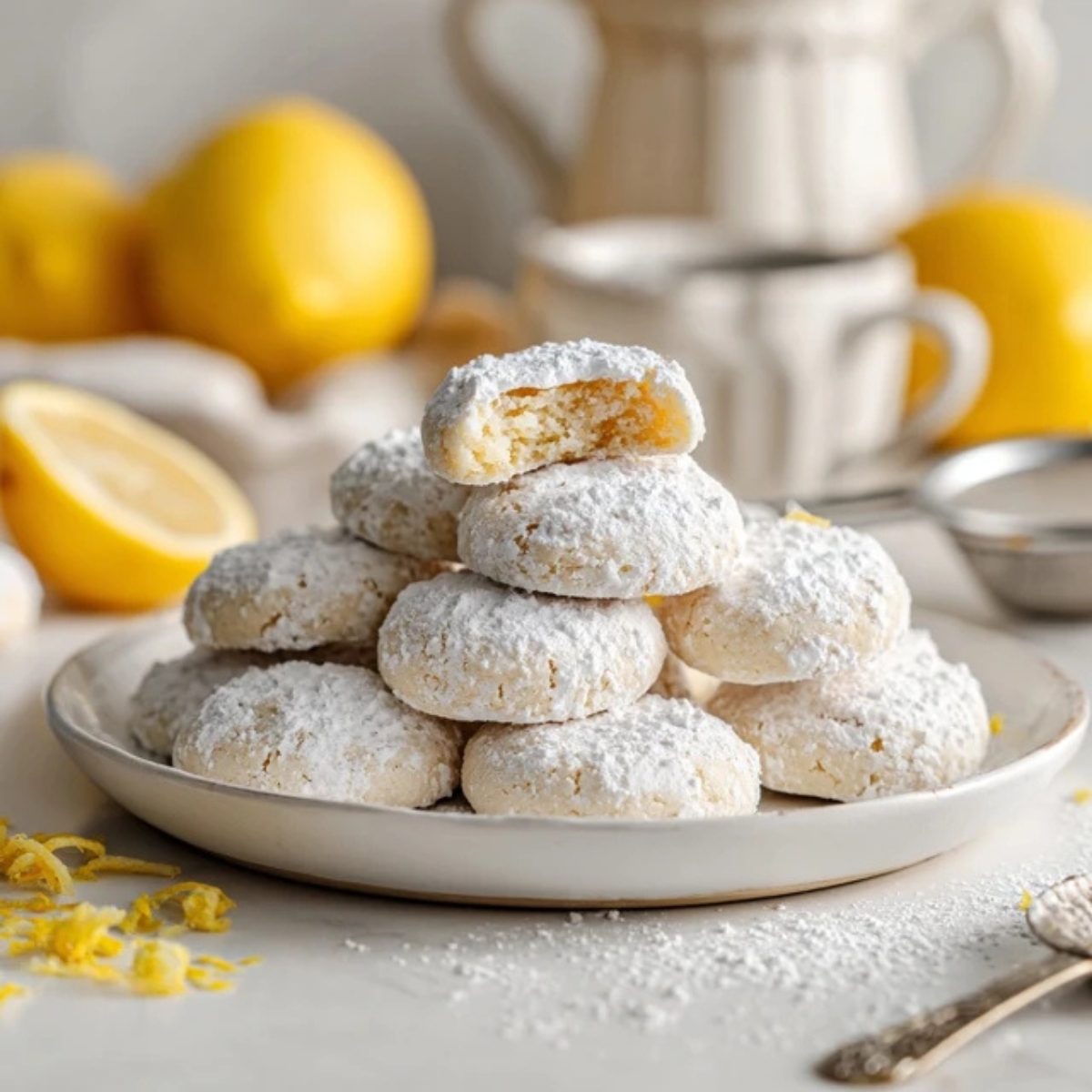 Buttery lemon meltaways cookies dusted with powdered sugar on white plate