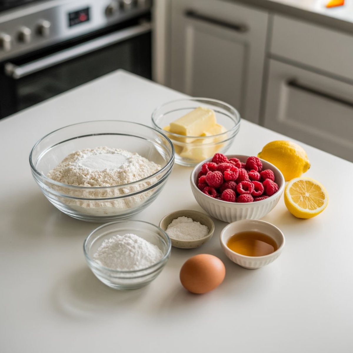 Lemon raspberry cookie ingredients flat lay on white counter
