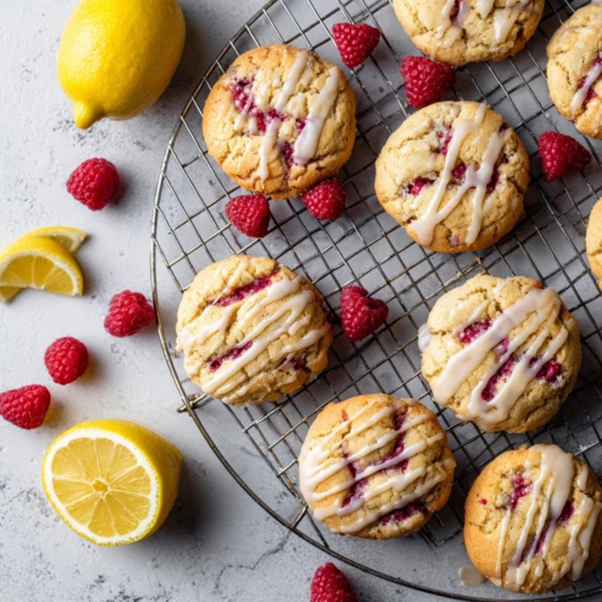 Homemade lemon raspberry cookies with fresh glaze on white kitchen counter