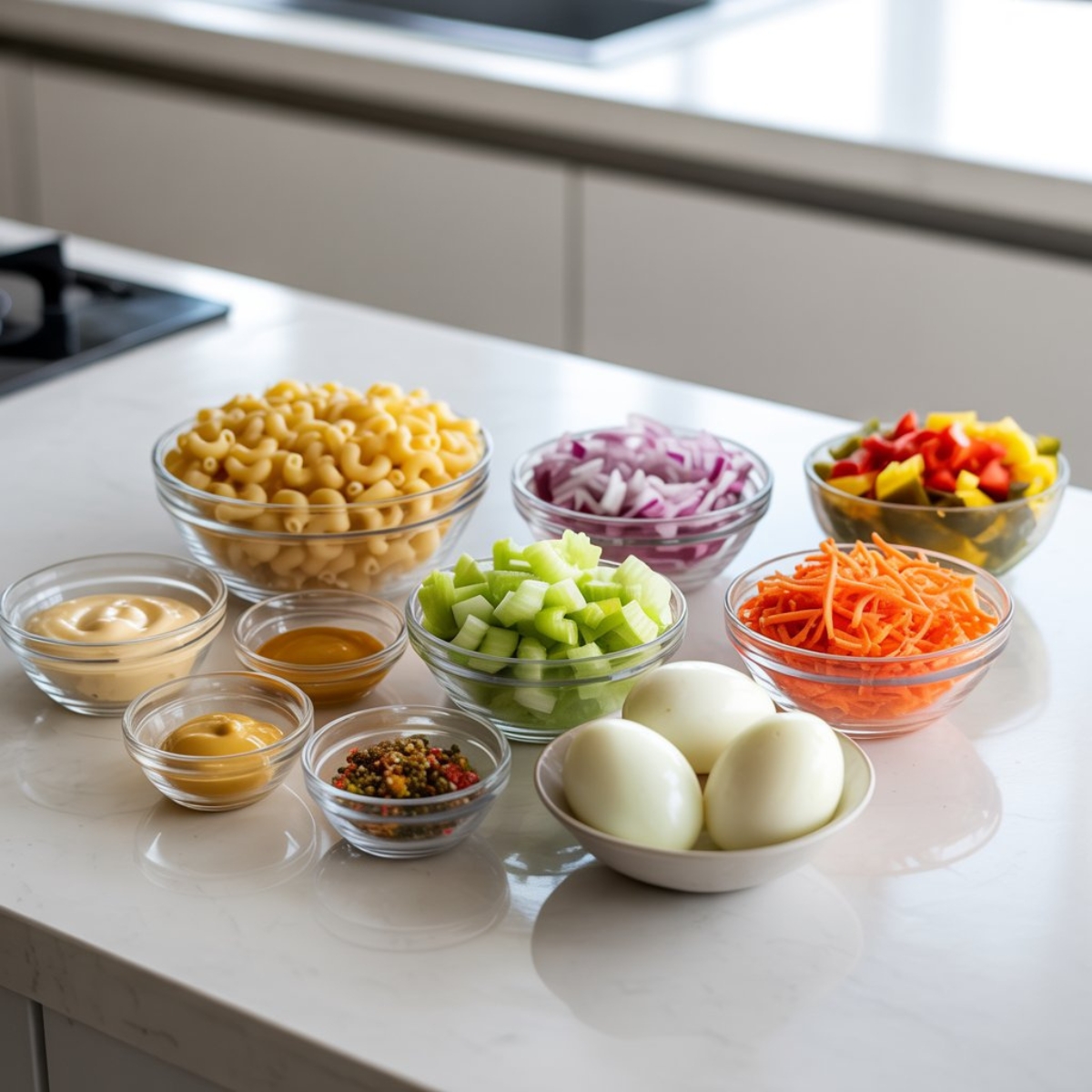 Creamy homemade macaroni salad in a white bowl on a kitchen counter