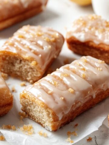 Homemade maple donut bars with glossy maple glaze on white kitchen counter
