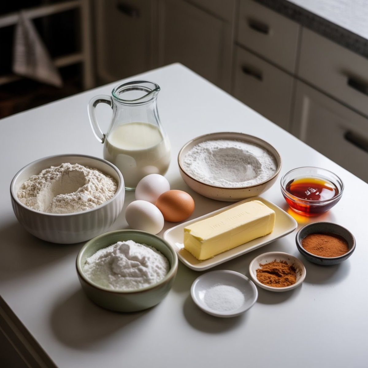 Unbranded baking ingredients for maple donut bars on white kitchen counter