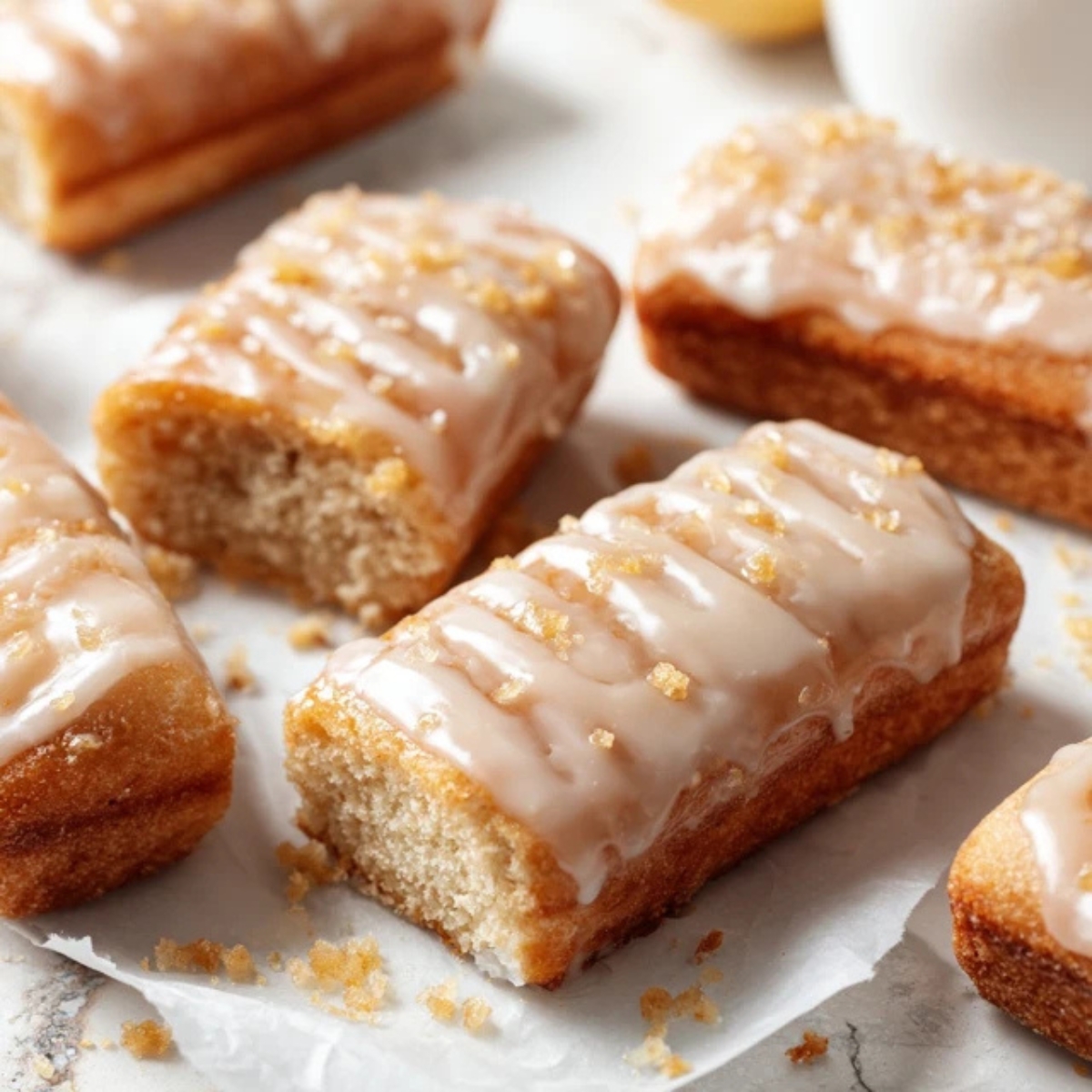Homemade maple donut bars with glossy maple glaze on white kitchen counter