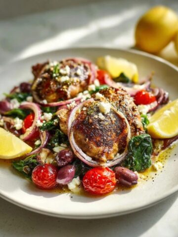 Juicy Mediterranean chicken with olives, tomatoes, and feta on a white kitchen counter