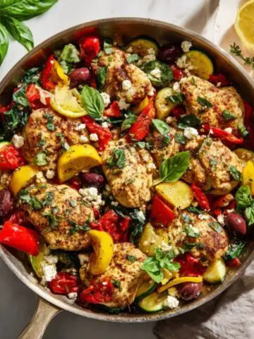 Mediterranean chicken skillet with vegetables, feta, and fresh herbs in a cast iron pan