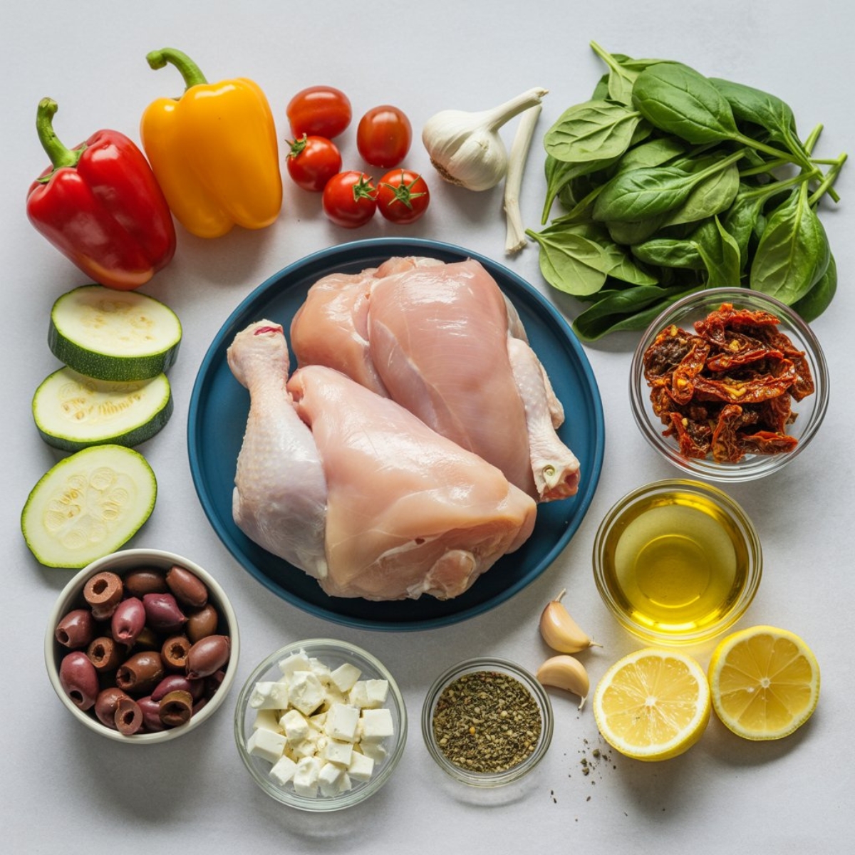 Mediterranean chicken skillet ingredients arranged on a white kitchen counter
