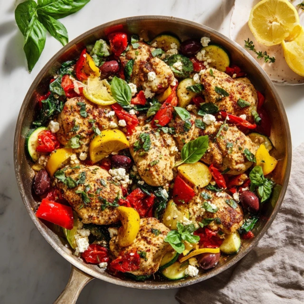 Mediterranean chicken skillet with vegetables, feta, and fresh herbs in a cast iron pan