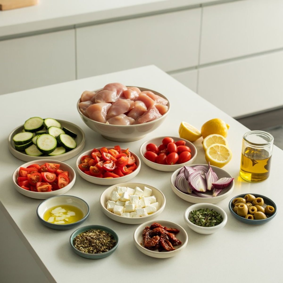 Fresh ingredients for Mediterranean chicken stir fry arranged on a white counter.