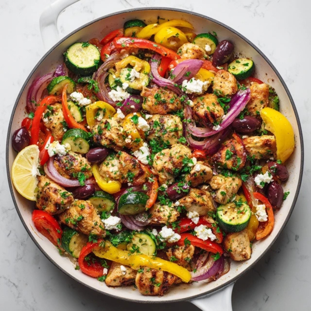 Mediterranean chicken stir fry with colorful vegetables and feta cheese in a white skillet.