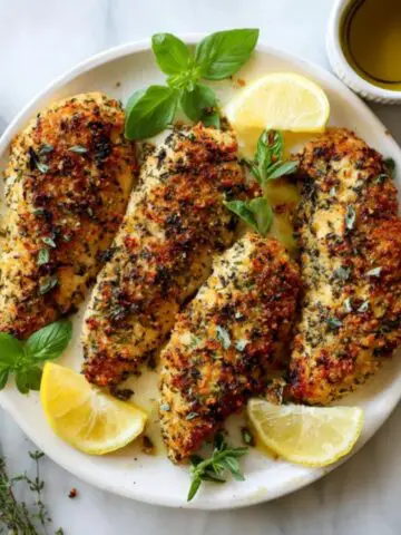 Crispy Mediterranean herb crusted chicken with fresh herbs and lemon