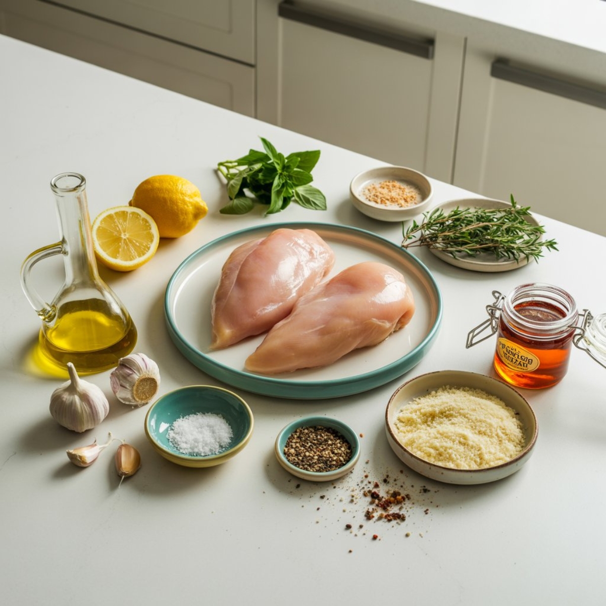 Fresh Mediterranean herbs, chicken, and lemon ingredients for herb crusted chicken