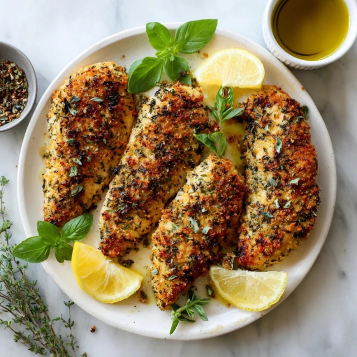 Crispy Mediterranean herb crusted chicken with fresh herbs and lemon