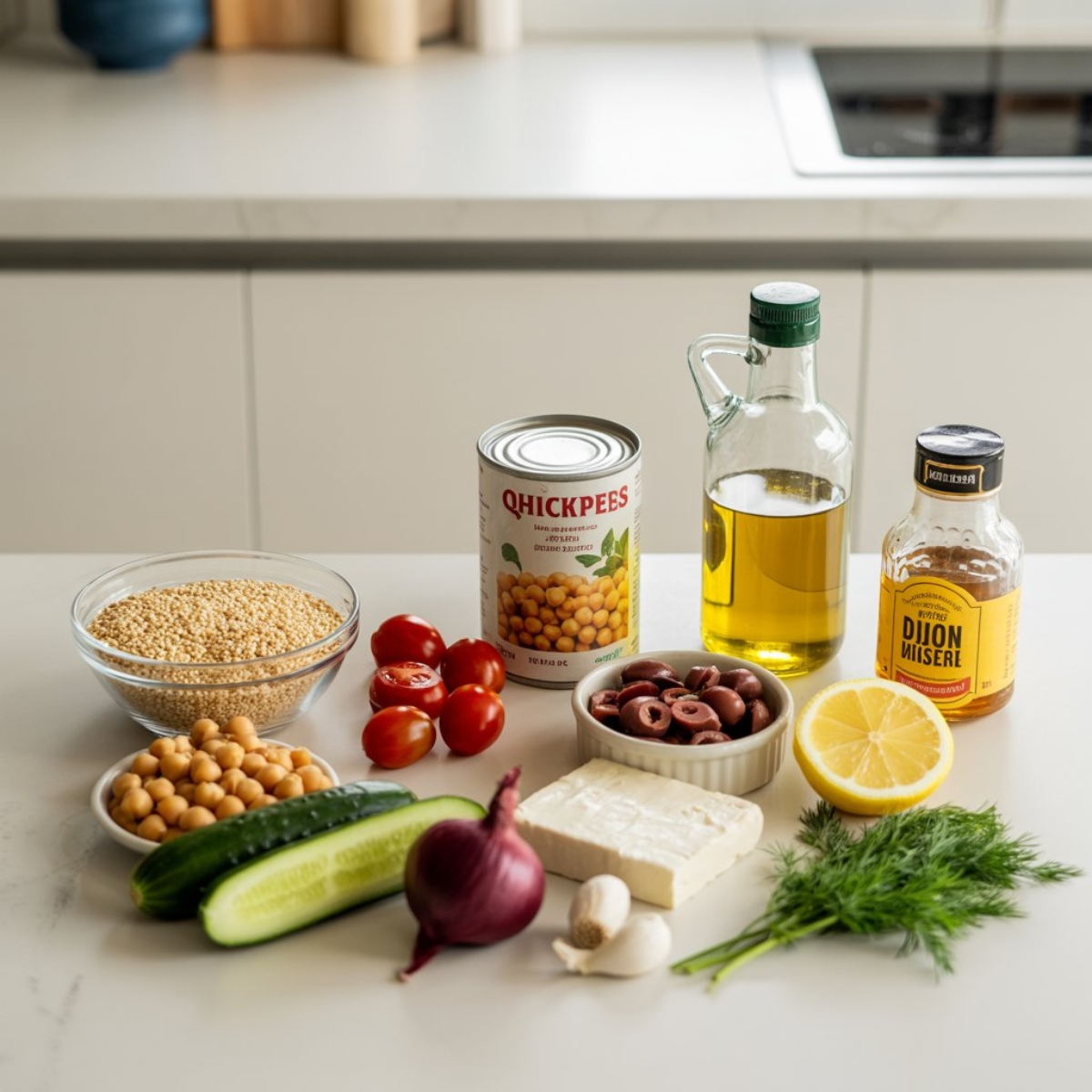 Mediterranean quinoa bowl ingredients arranged on white kitchen counter