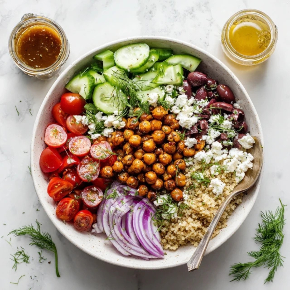Mediterranean quinoa bowl with chickpeas, feta, and lemon dressing on a white kitchen counter