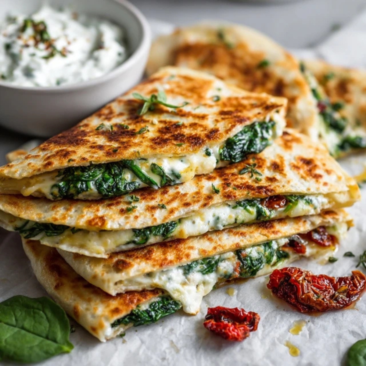 Homemade Mediterranean spinach feta quesadillas with tzatziki dip on white counter