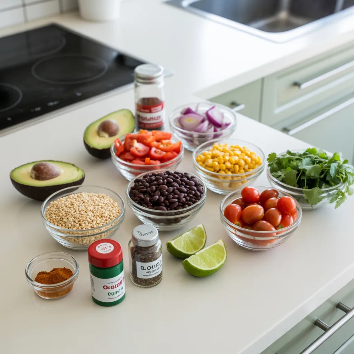 Ingredients for homemade Mexican quinoa bowl with fresh veggies and quinoa