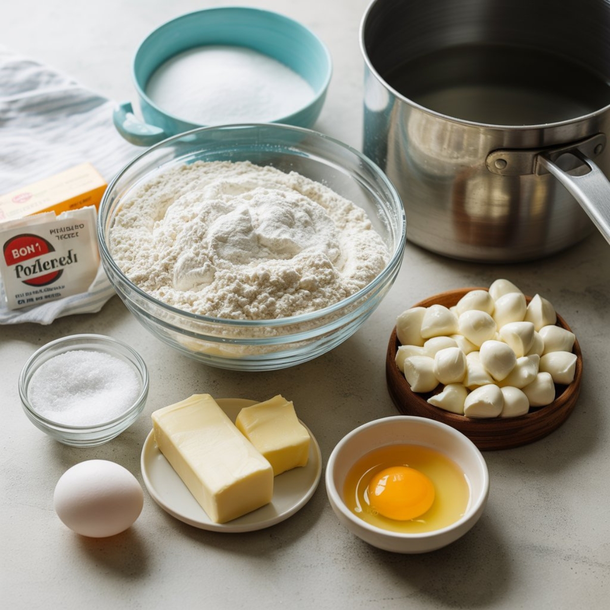 ingredients for mozzarella pretzel recipe on white counter