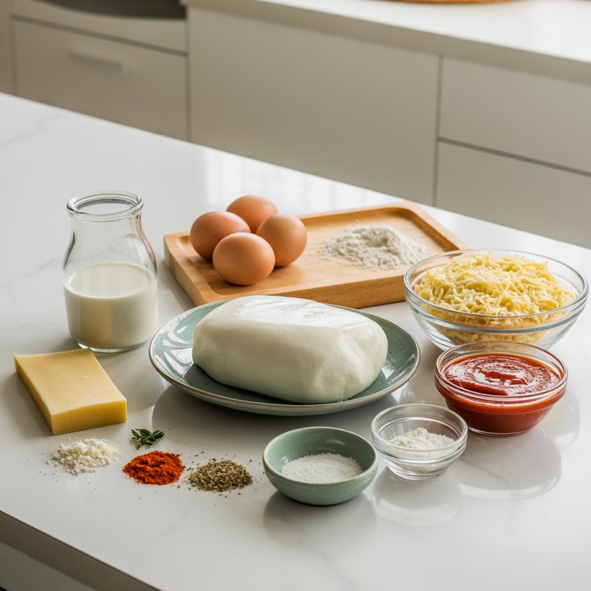 Ingredients for homemade mozzarella sticks recipe on white counter