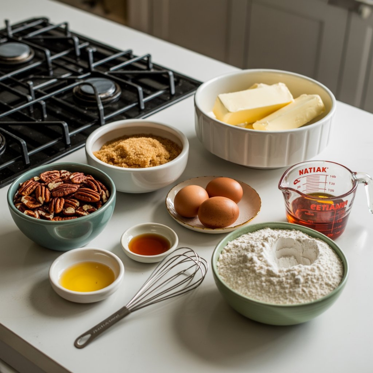 ingredients for homemade pecan pie bars on white kitchen counter