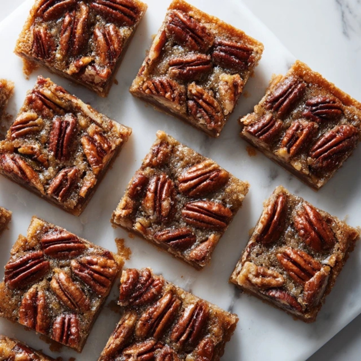 gooey pecan pie bars with buttery shortbread crust on white kitchen counter