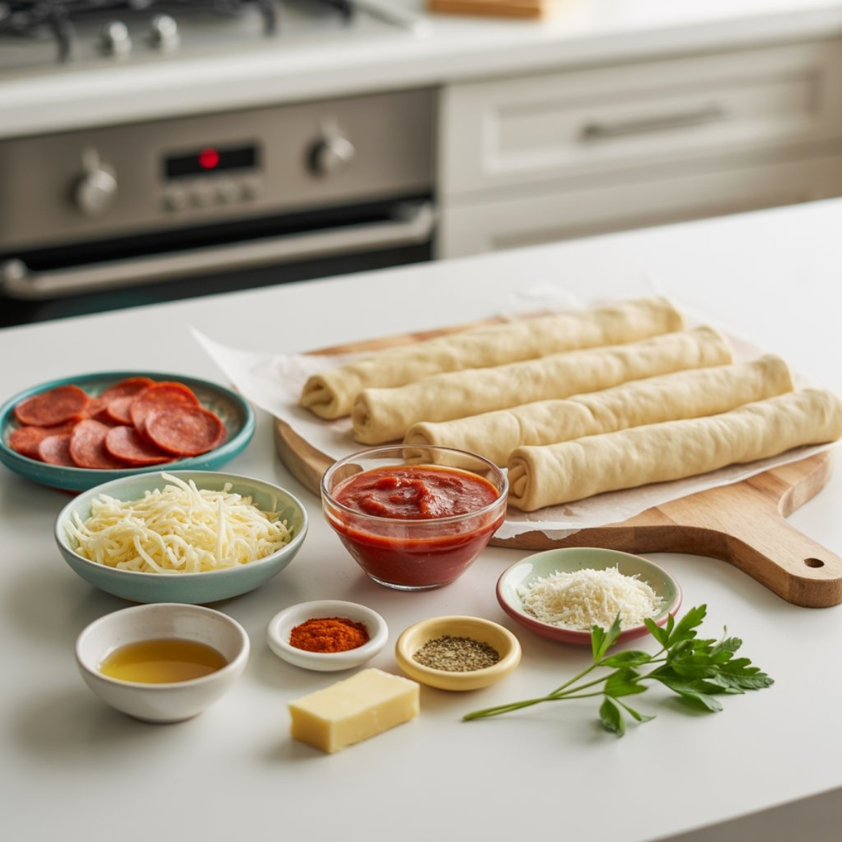 Unbranded ingredients for pepperoni pizza roll-ups on white counter