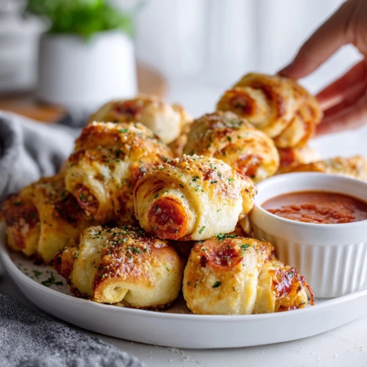 Homemade pepperoni pizza roll-ups with melted cheese and pizza sauce