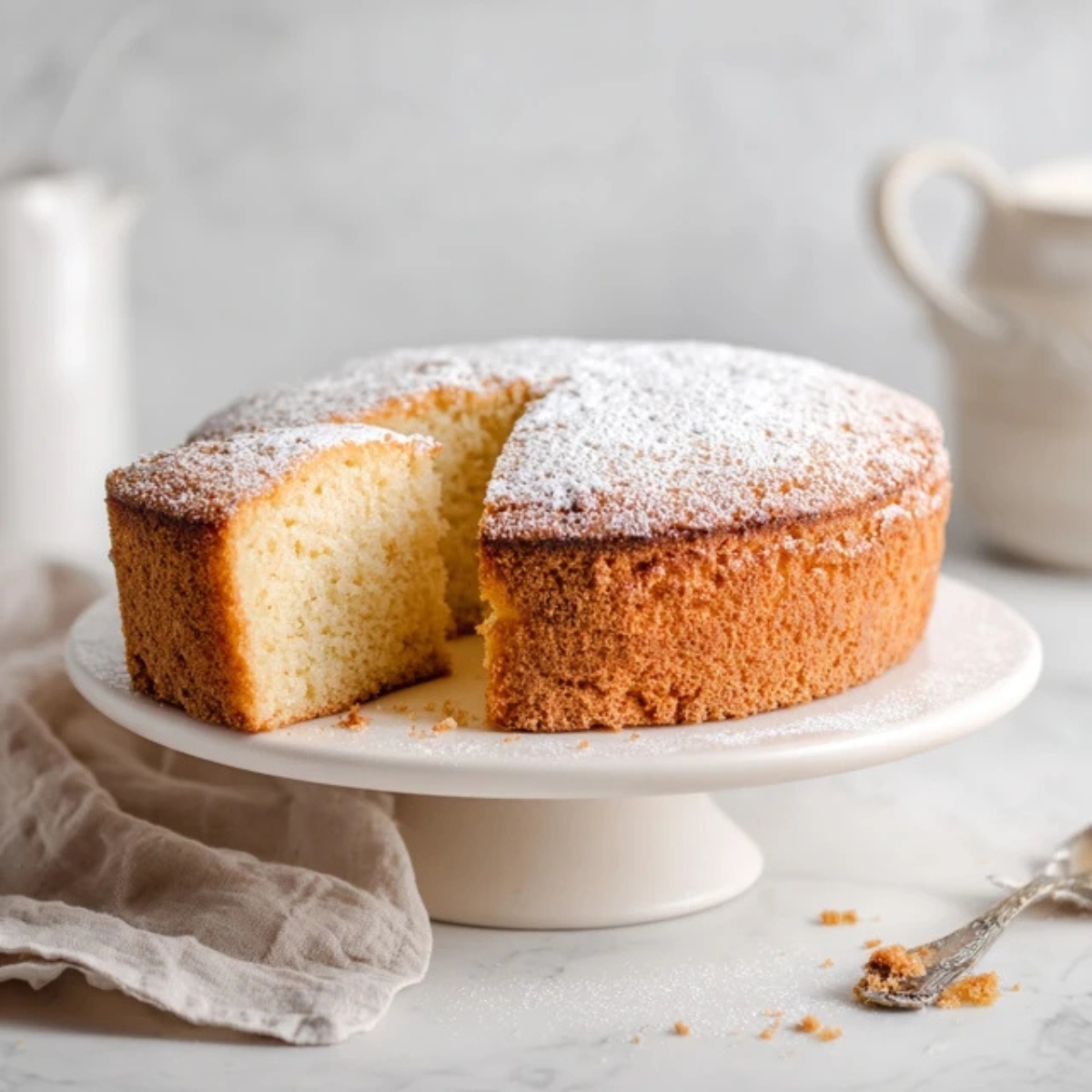 Light and fluffy homemade sponge cake on white kitchen counter