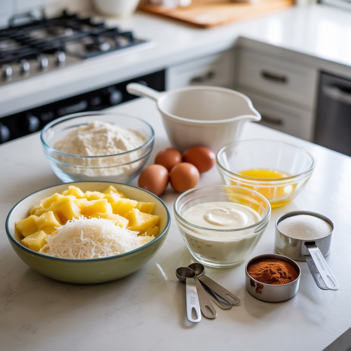 Ingredients for pineapple coconut bread arranged on a white kitchen counter