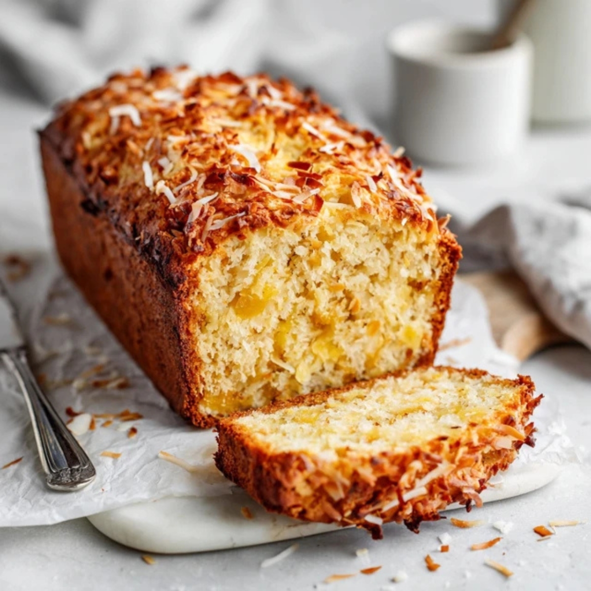 Moist pineapple coconut bread loaf with toasted coconut topping on a white kitchen counter