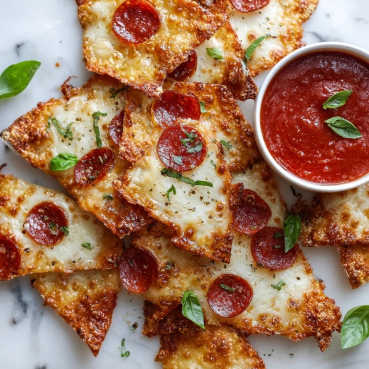 Crispy homemade pizza chips with melted cheese and pepperoni on white counter