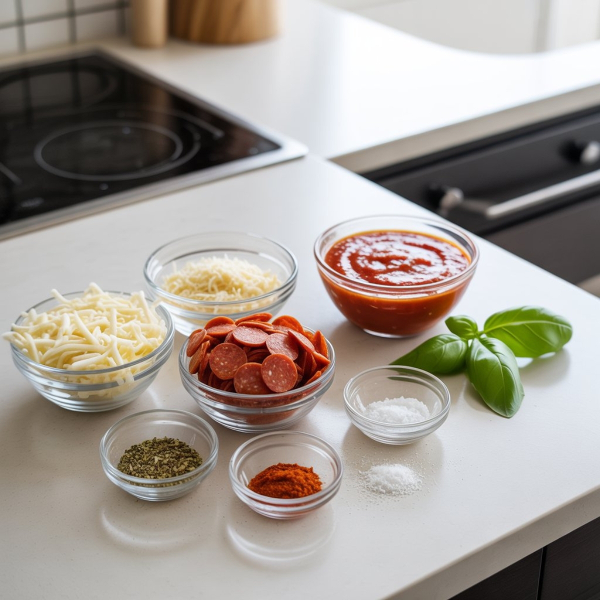 Pizza chips ingredients with cheese, pepperoni, and marinara on white counter