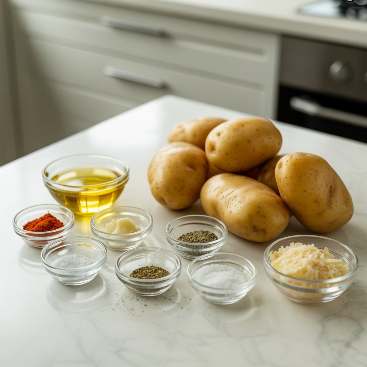Potato wedges ingredients displayed on white kitchen counter