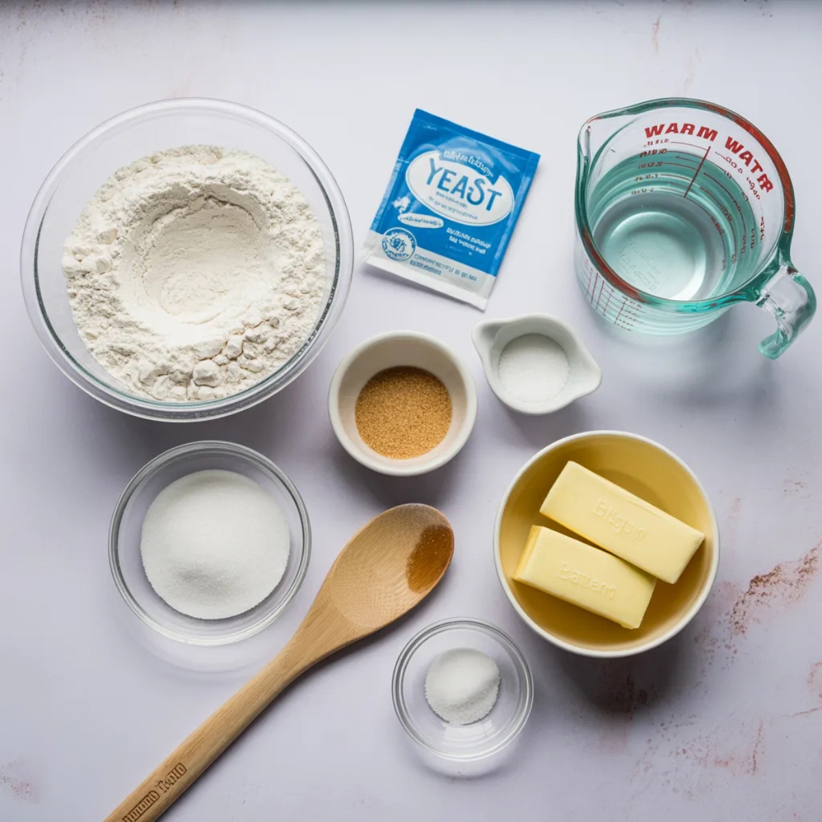 ingredients for homemade pretzel bites on white kitchen counter