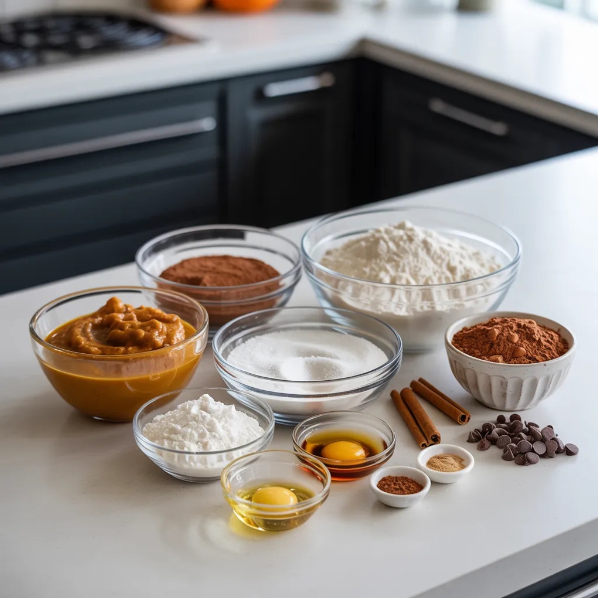 pumpkin brownie ingredients in bowls on white kitchen counter