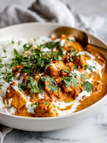 Creamy Pumpkin Butter Chicken with rice on white counter