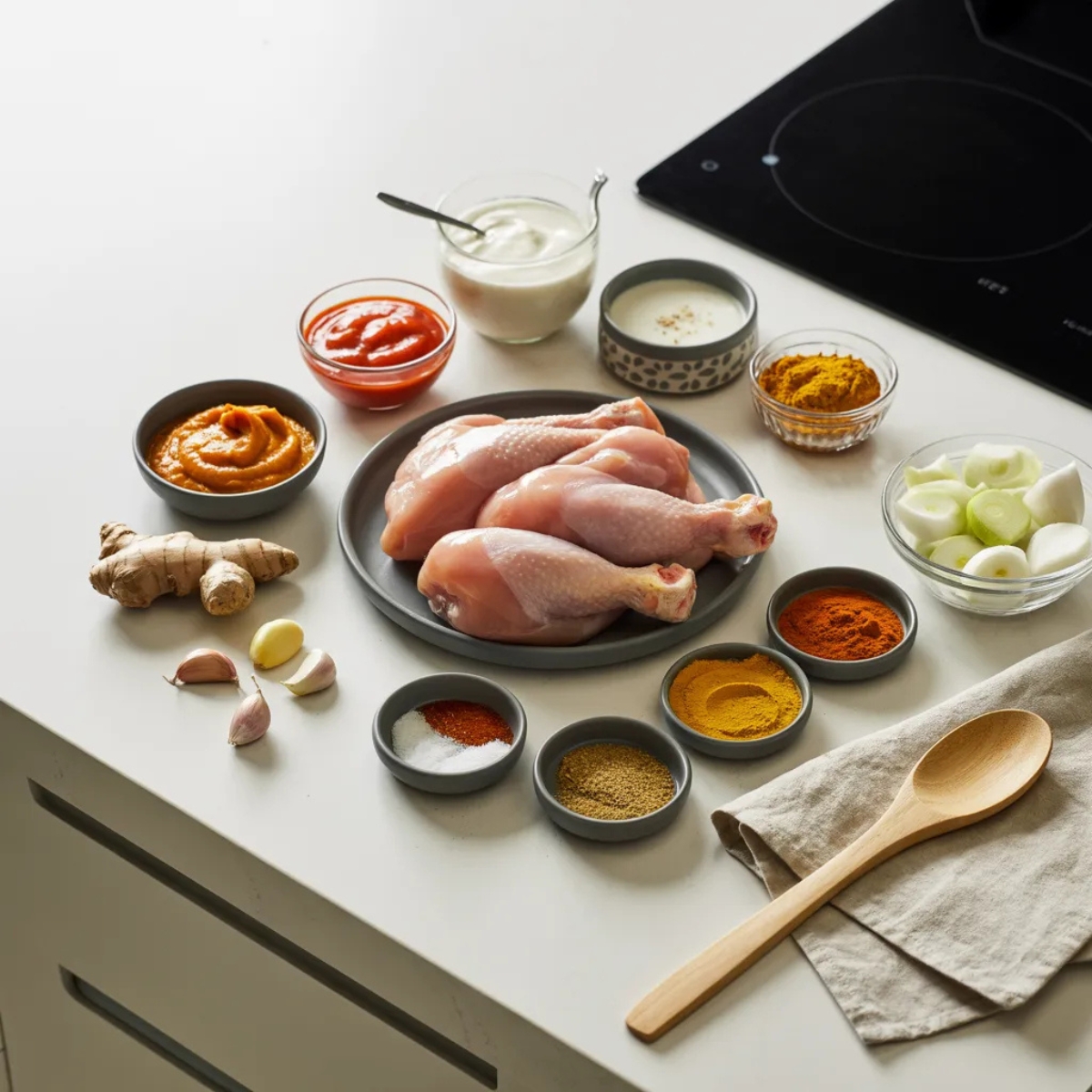 Pumpkin Butter Chicken ingredients on white counter