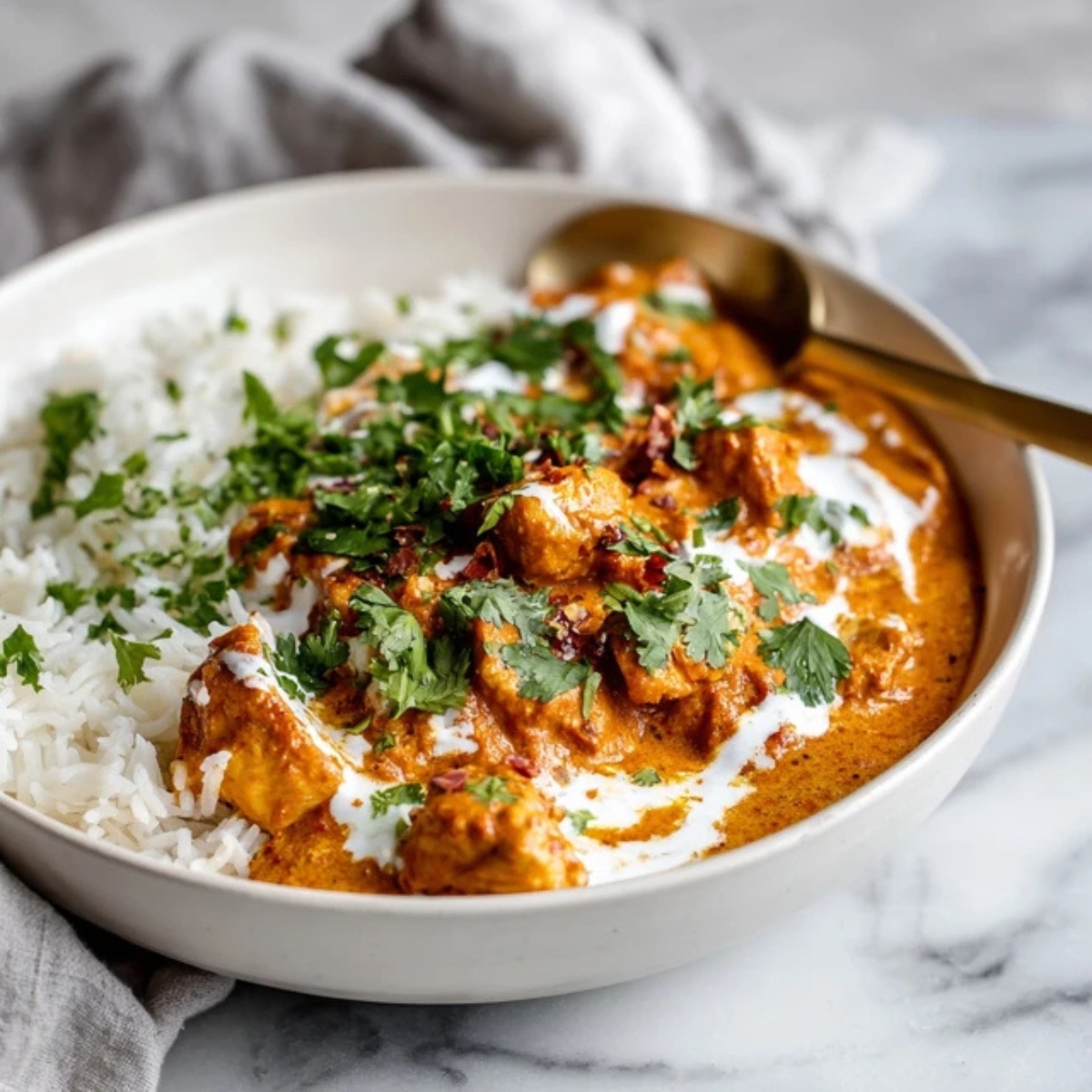 Creamy Pumpkin Butter Chicken with rice on white counter