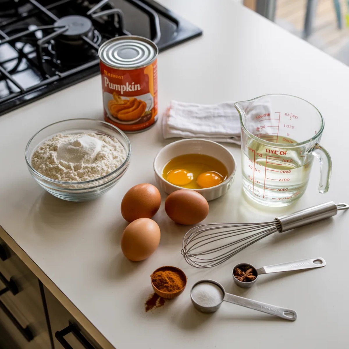 Pumpkin cake ingredients on white kitchen counter with fall spices