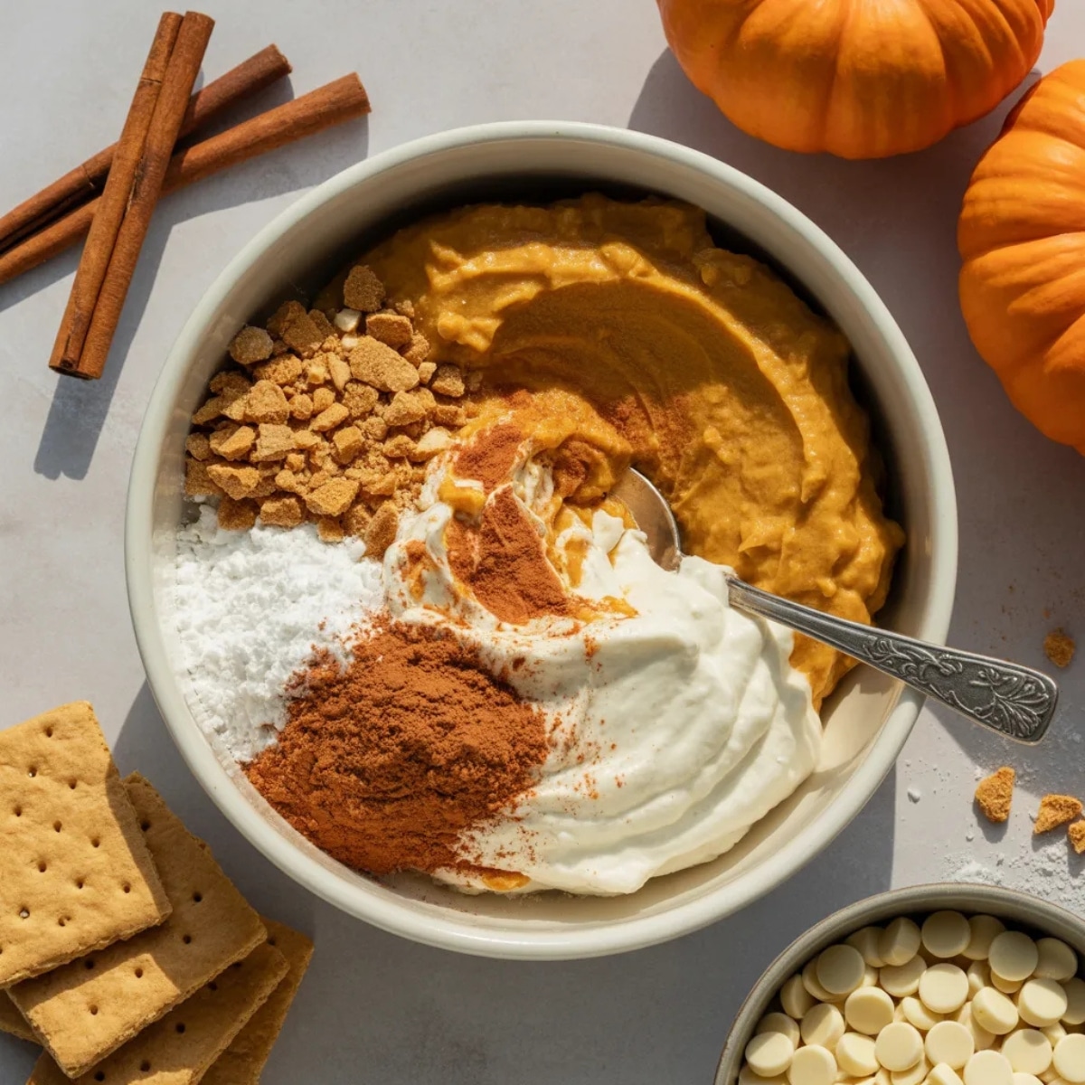 Flat lay of ingredients for pumpkin cheesecake balls including cream cheese, pumpkin puree, and spices on a counter