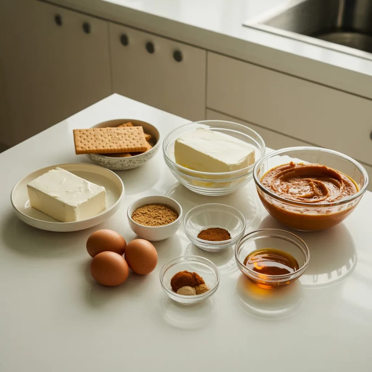 Pumpkin cheesecake ingredients on white kitchen counter