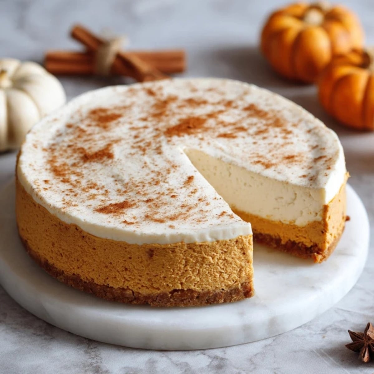 Homemade pumpkin cheesecake on white counter with creamy topping