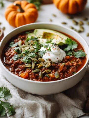 Homemade pumpkin chili in a bowl topped with avocado, cilantro, and sour cream