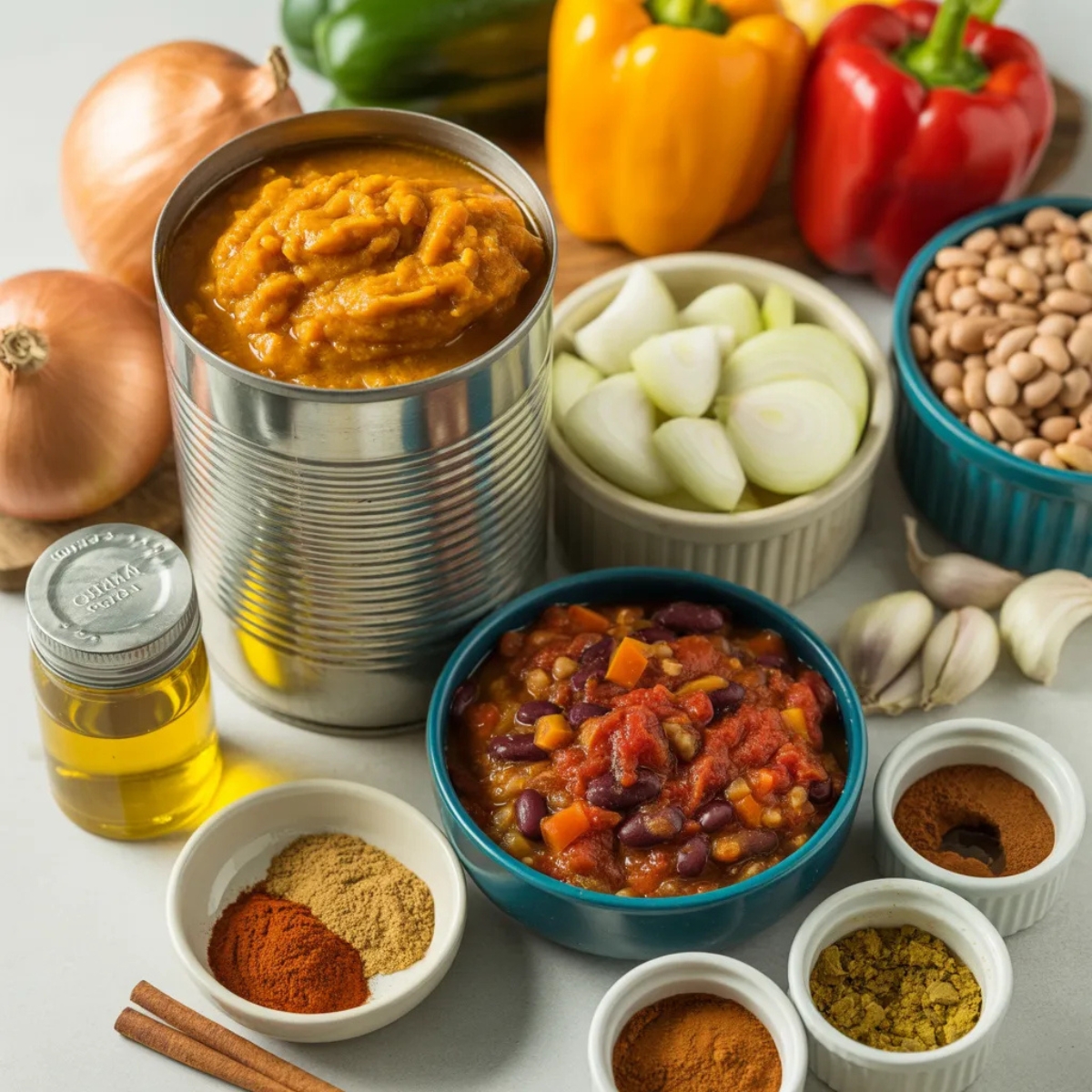 Pumpkin chili ingredients displayed on a white counter with spices and vegetables