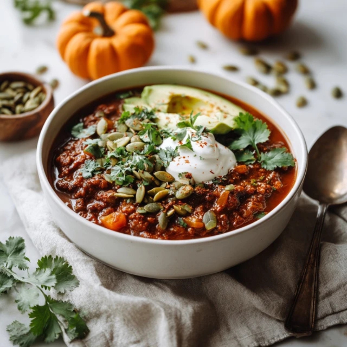 Homemade pumpkin chili in a bowl topped with avocado, cilantro, and sour cream