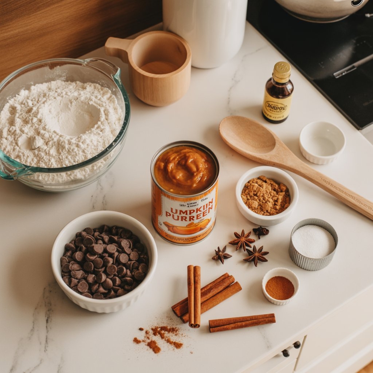 Top-down view of ingredients for pumpkin chocolate chip cookies including pumpkin puree, flour, chocolate chips, and fall spices on a white kitchen counter.