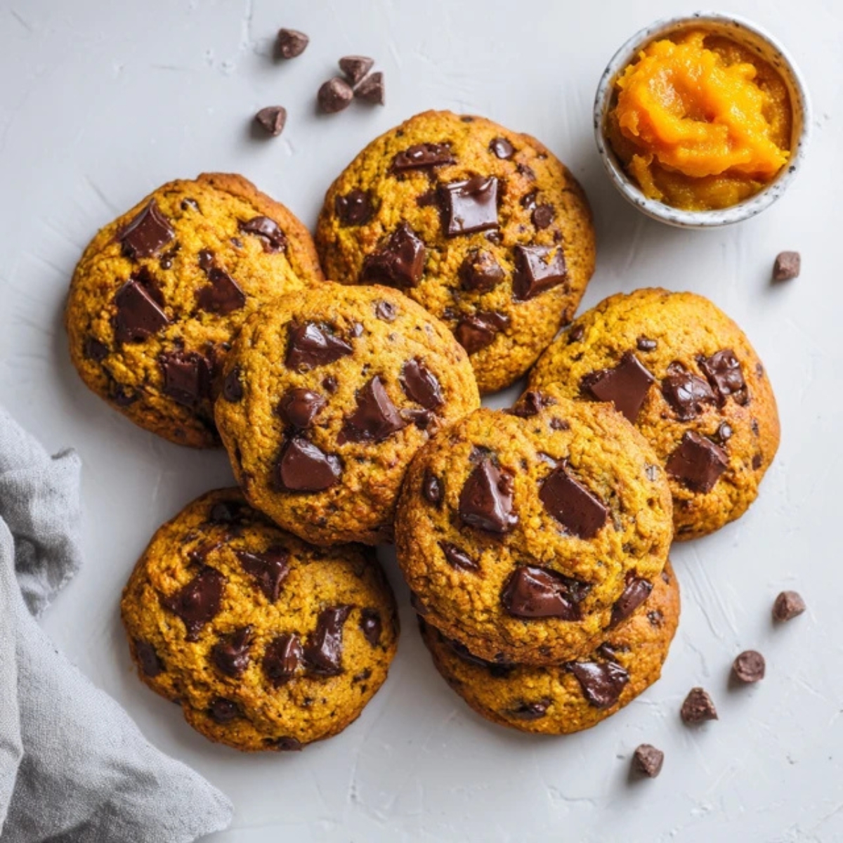 Soft and chewy homemade pumpkin chocolate chip cookies with melted chocolate chips on a white counter, perfect fall dessert recipe.