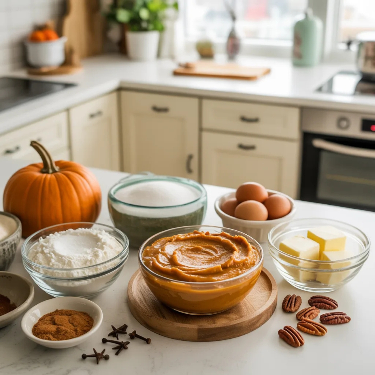 Pumpkin coffee cake ingredients including pumpkin puree, flour, sugar, eggs, and spices on a white counter