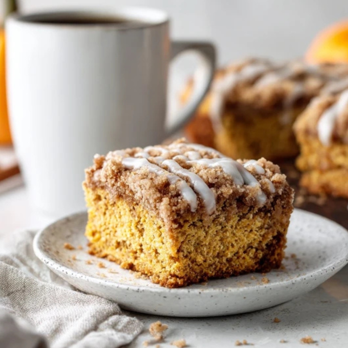 Moist pumpkin coffee cake with cinnamon streusel topping and vanilla glaze on a white kitchen counter