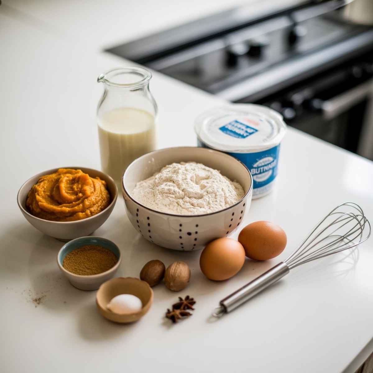 Pumpkin donuts ingredients including pumpkin puree, flour, eggs, and spices on a white kitchen counter.
