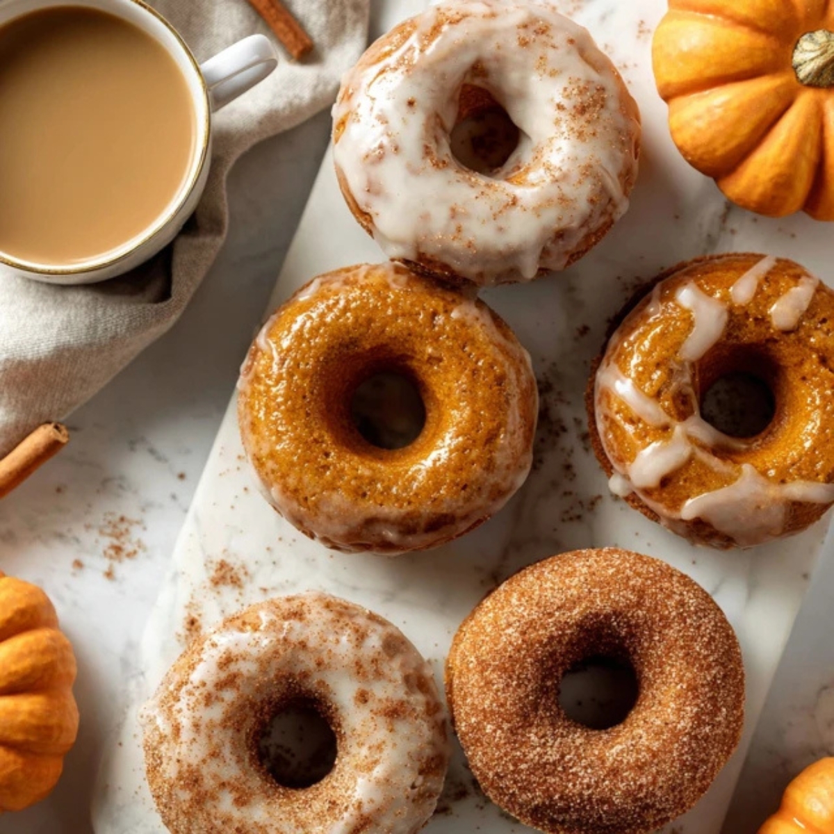 Homemade pumpkin donuts with maple glaze and cinnamon sugar on a white kitchen counter.